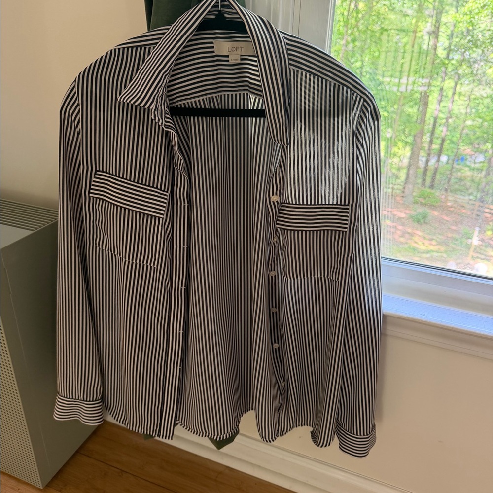 LOFT Navy and White Vertical Stripe Button-Down Shirt
